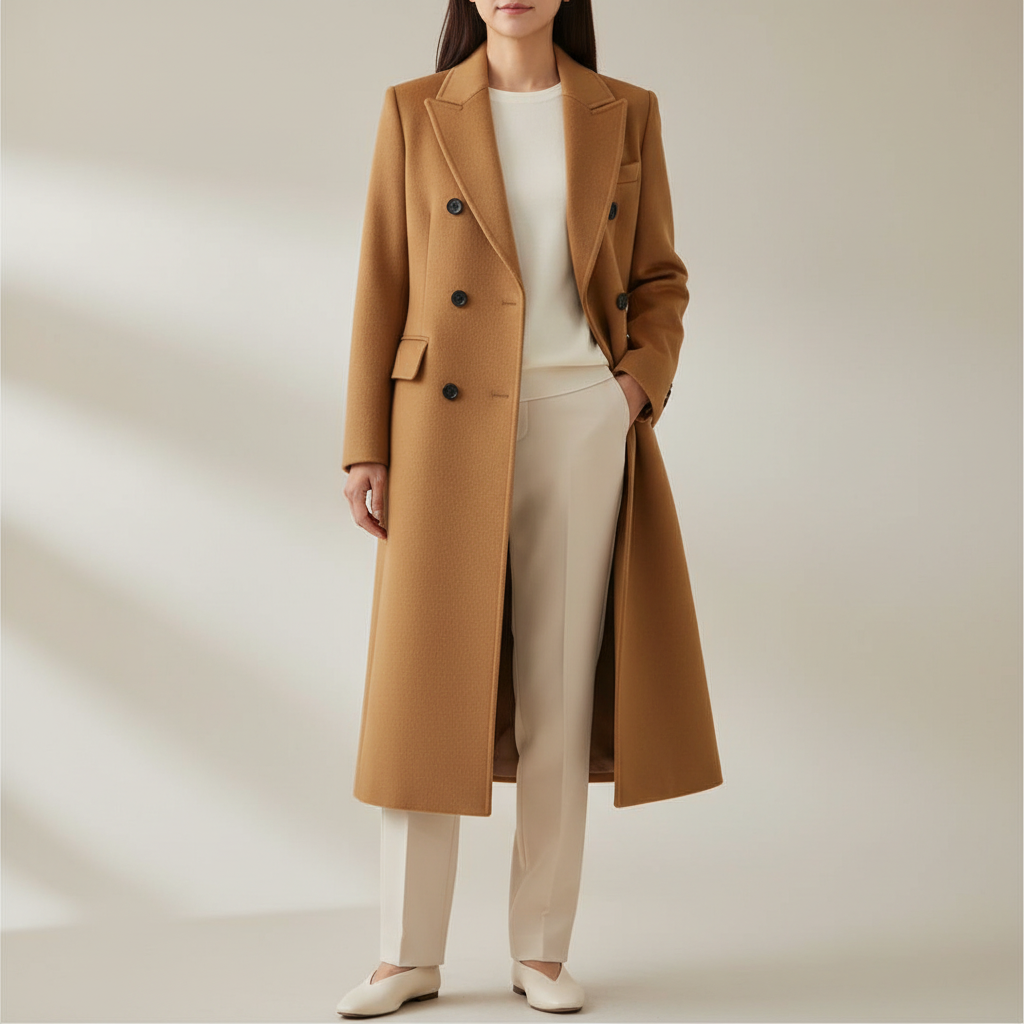 Tailored Double Breasted Wool Coat - Long Women's Coat Brown front view