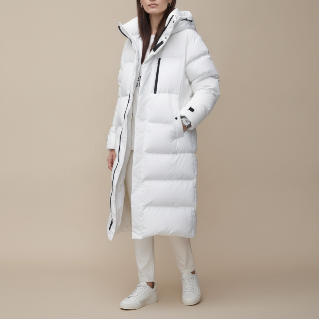Long Waterproof Puffer Coat - Hooded Women's Winter Jacket White front view
