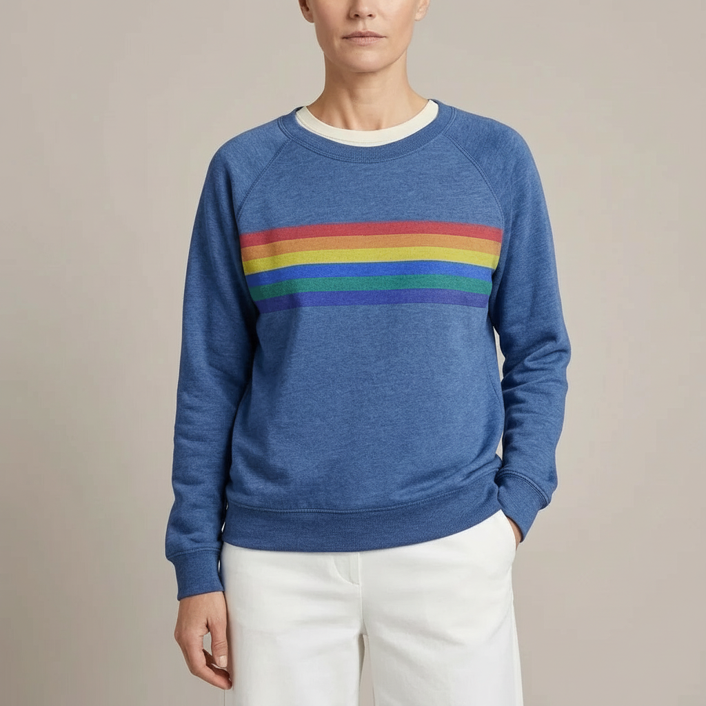Rainbow Stripe Sweatshirt - Crewneck Women's Pullover Blue front view