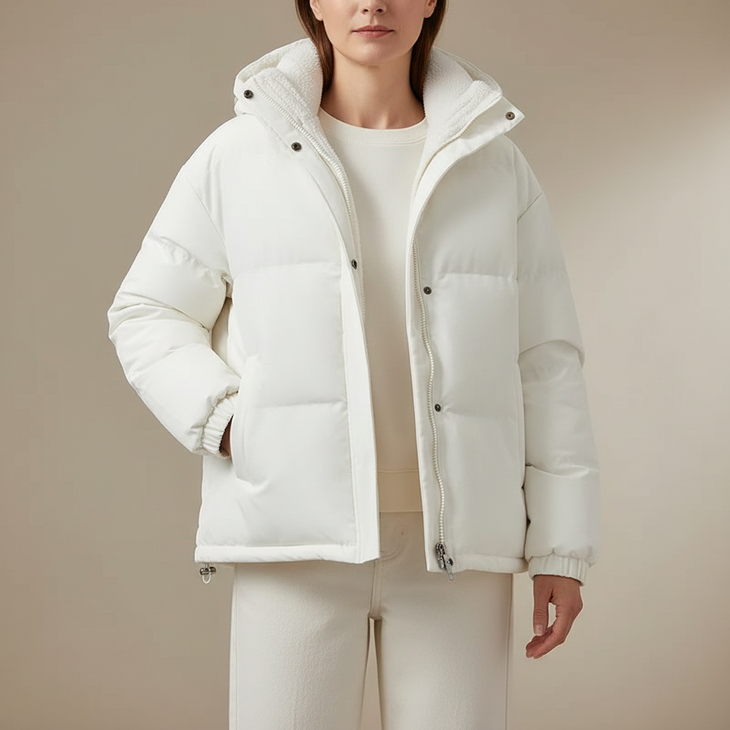 Sherpa Lined Puffer Jacket - Hooded Zip Women's Jacket White front view