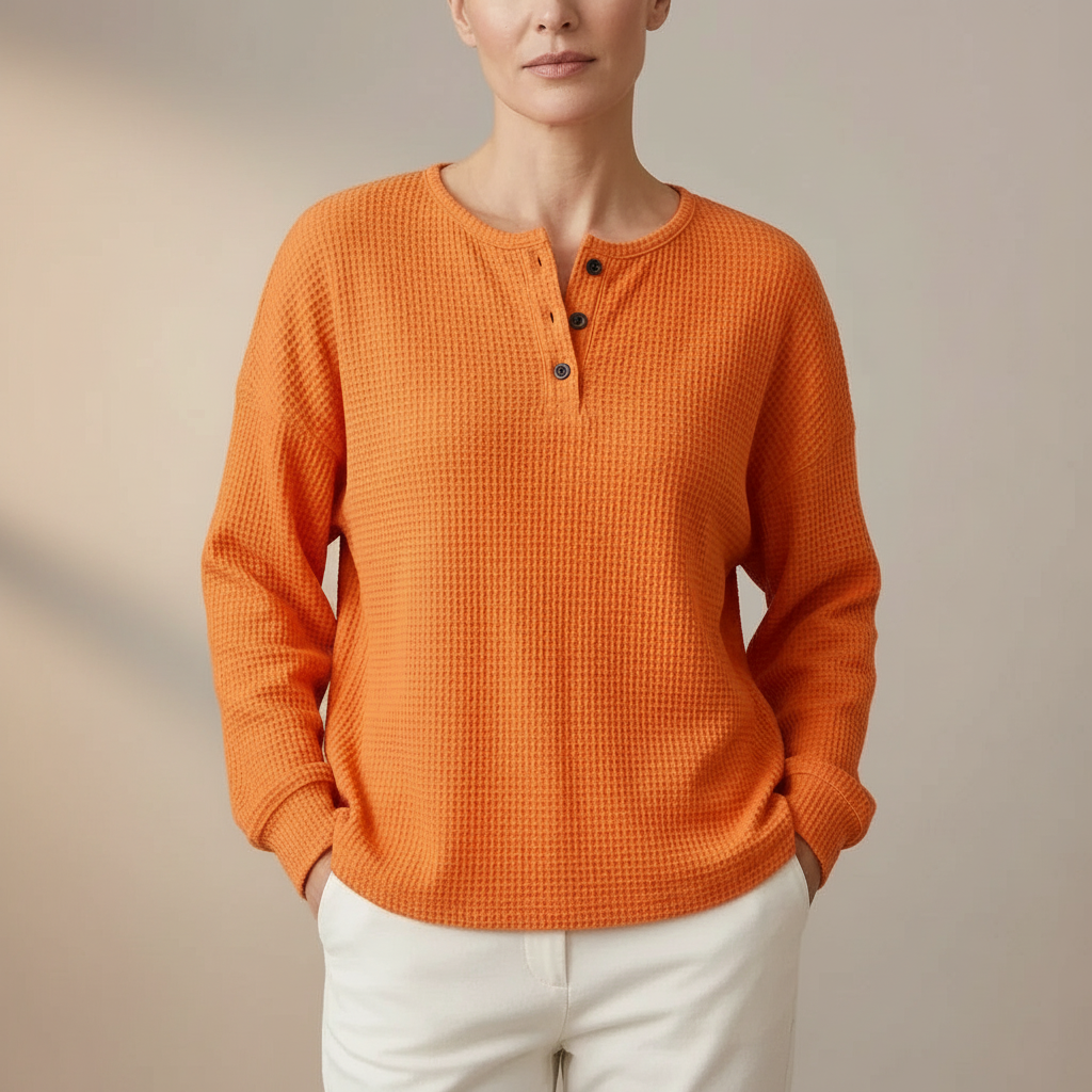 Waffle Knit Henley Sweatshirt - Long Sleeve Women's Orange front view