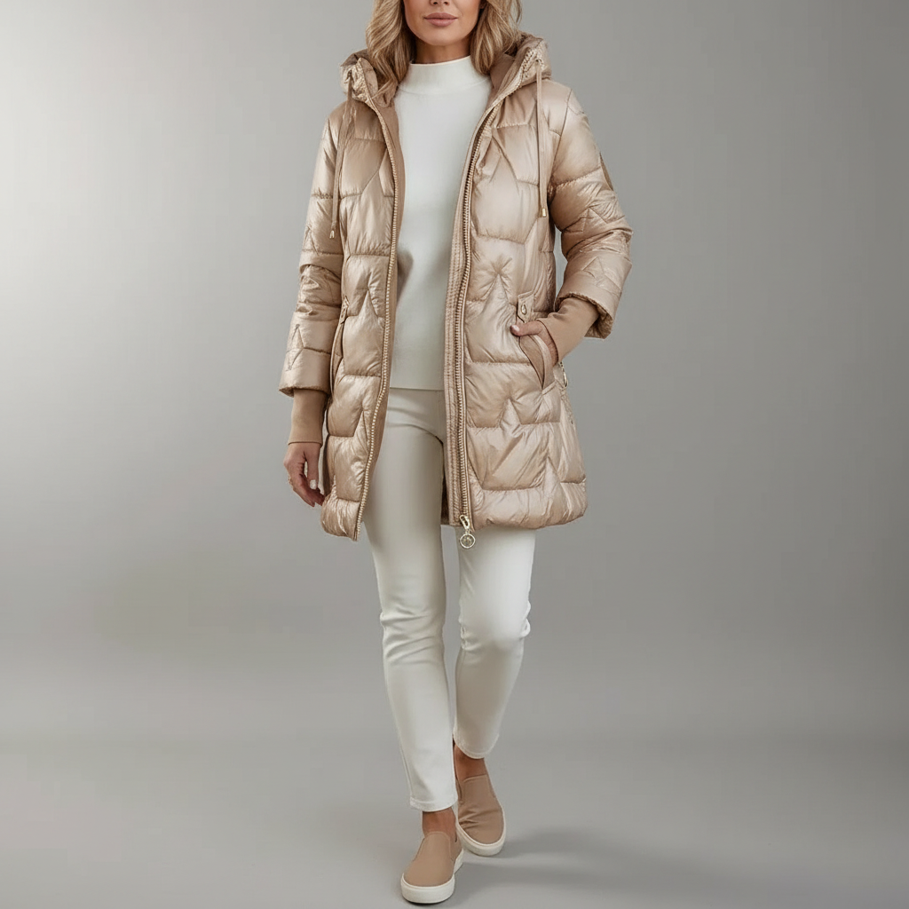 Longline Puffer Jacket - Drawstring Hood Zip Women's Beige front view