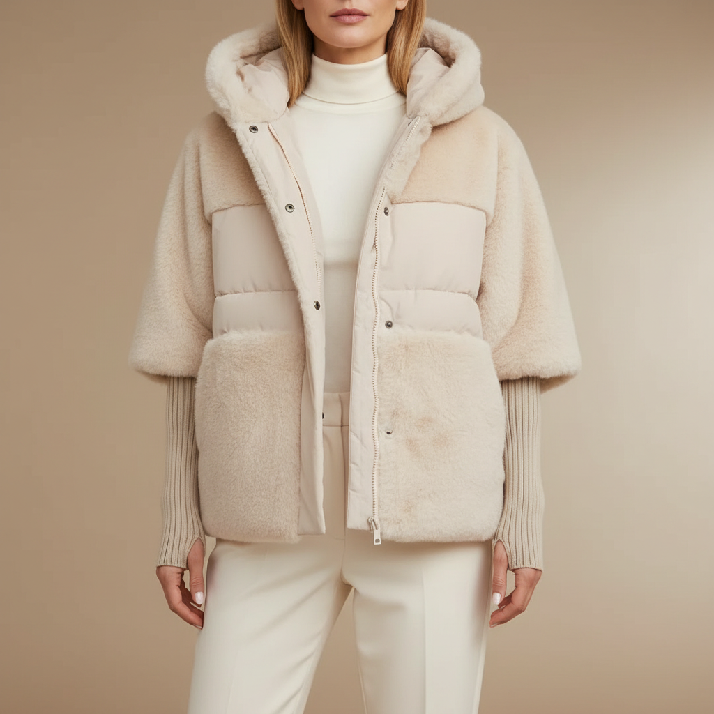 Faux Fur Panel Puffer Jacket - Hooded Women's Jacket Cream front view