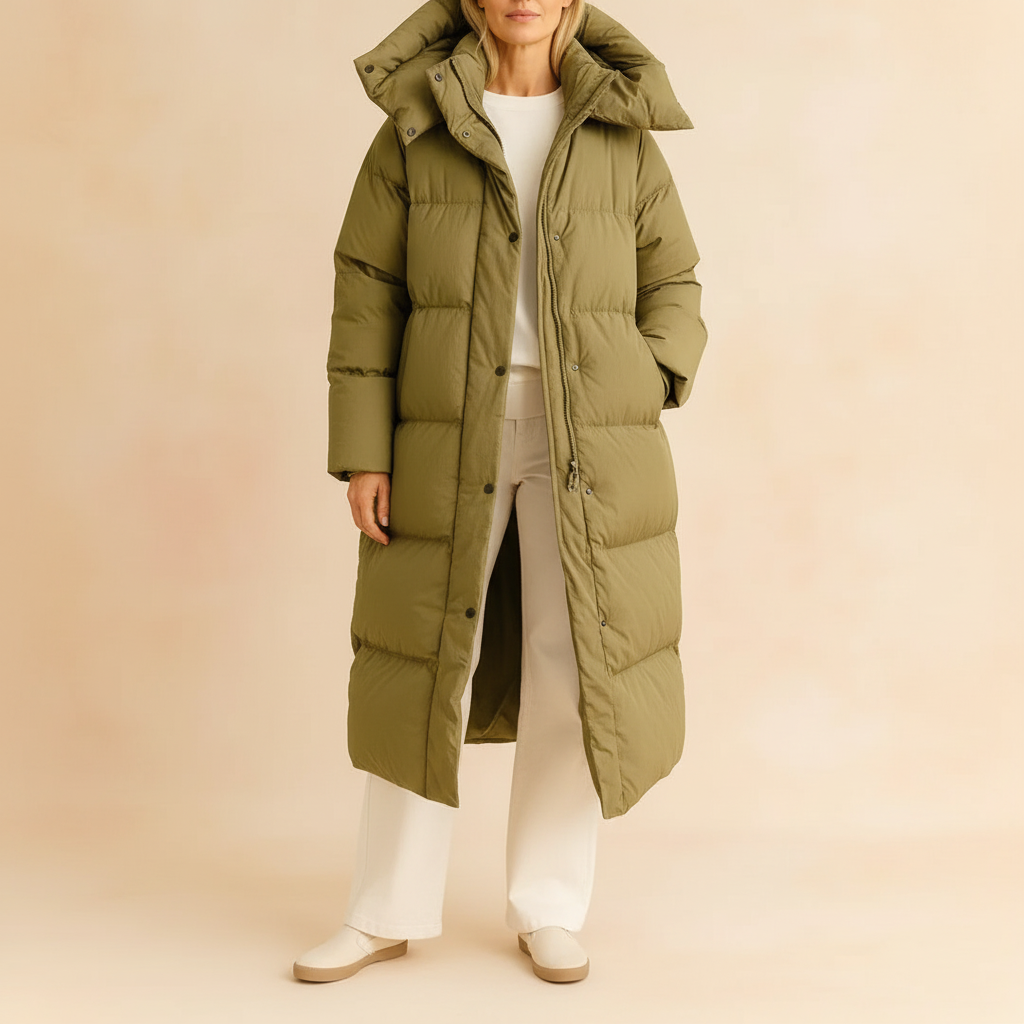 Long Hooded Puffer Coat - Oversized Quilted Women's Coat Olive Green front view
