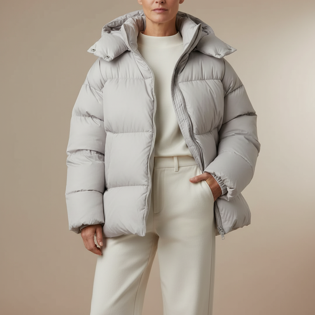 Oversized Hooded Puffer Jacket - Quilted Women's Jacket Light Gray front view
