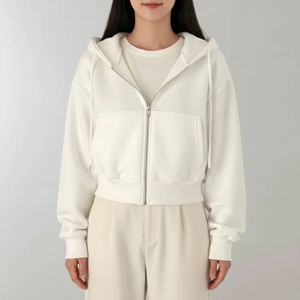 Cropped Zip Hoodie - Long Sleeve Women's Sweatshirt White front view