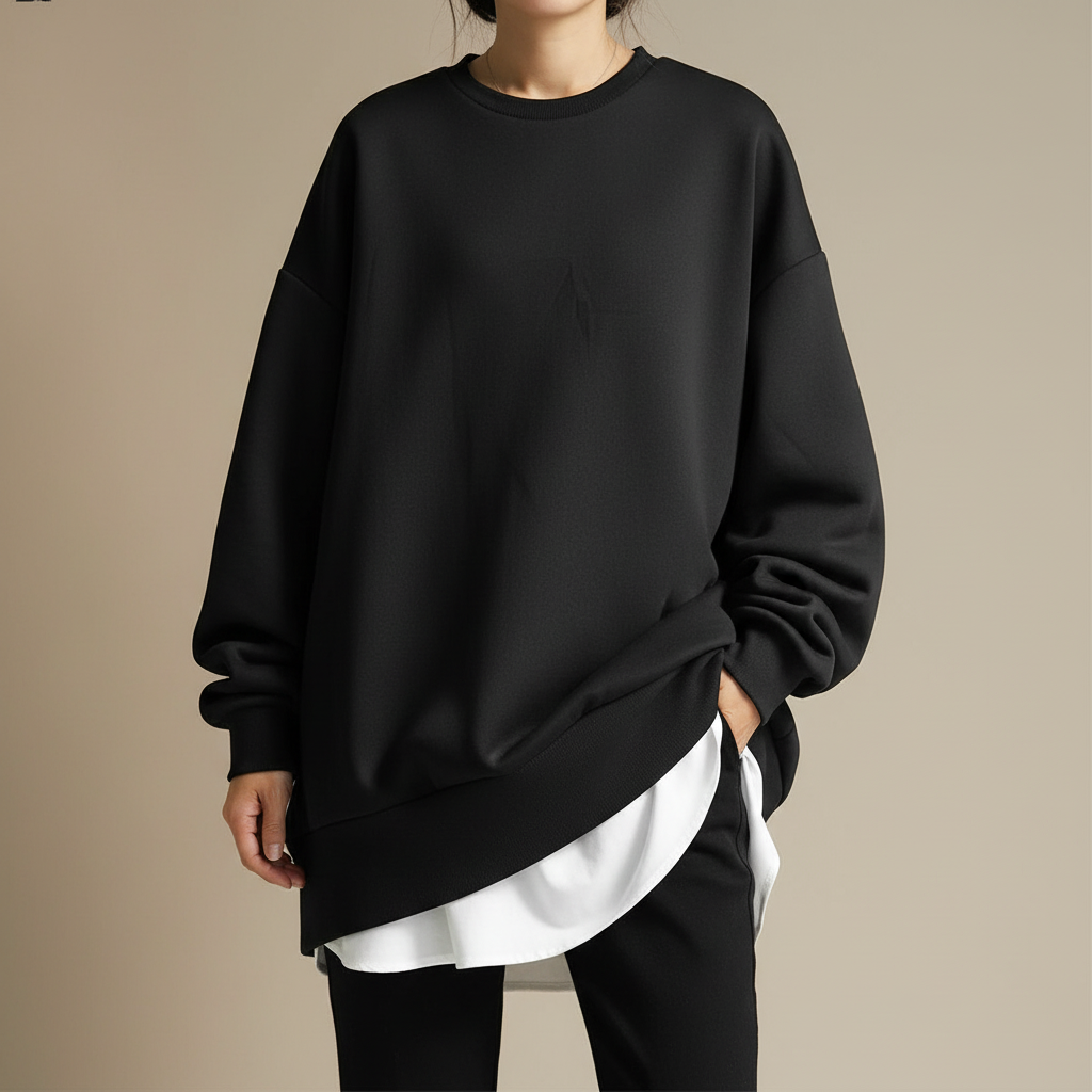 Oversized Crew Neck Sweatshirt - Dropped Shoulder Women's Black front view