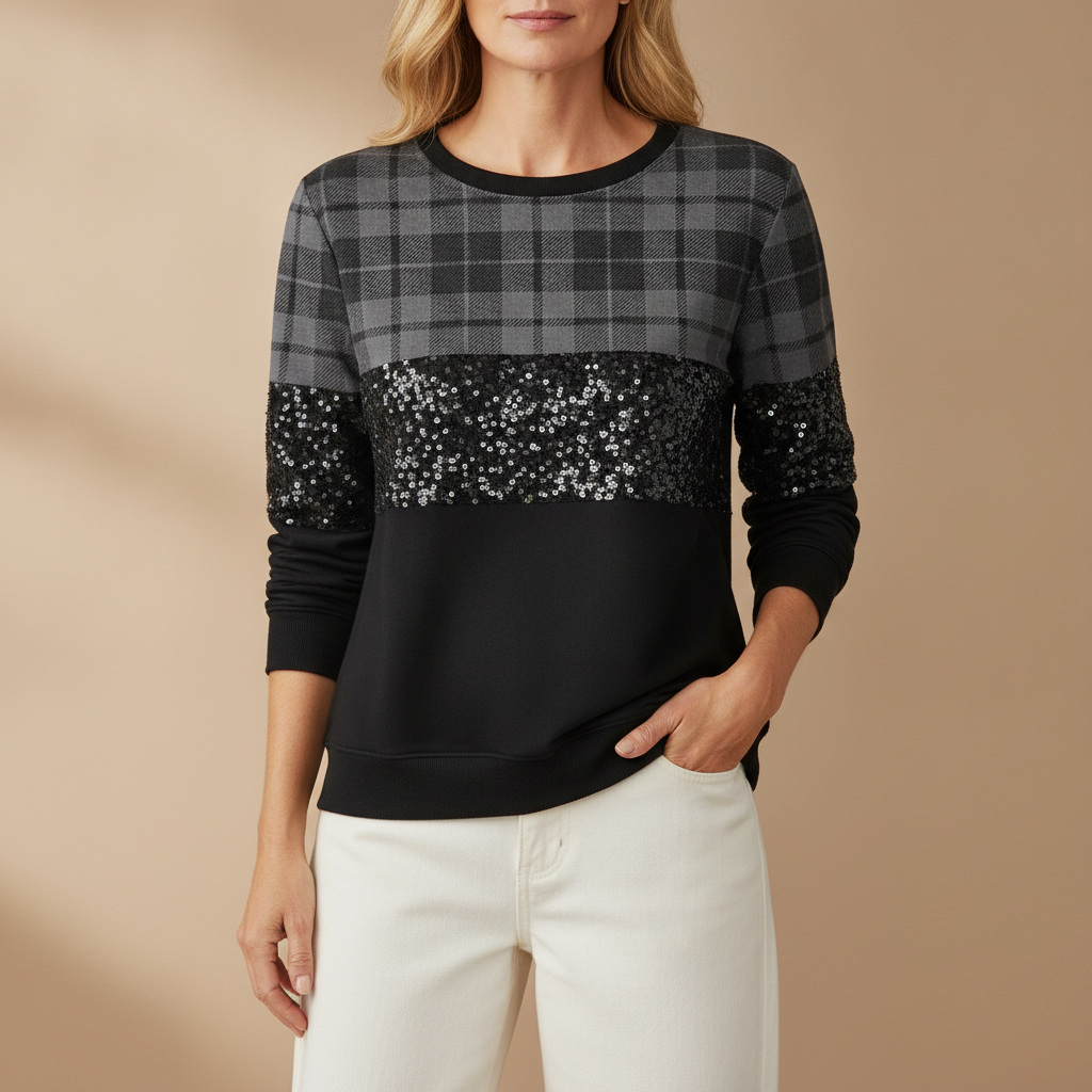 Plaid Sequin Sweatshirt - Crew Neck Women's Pullover Black front view