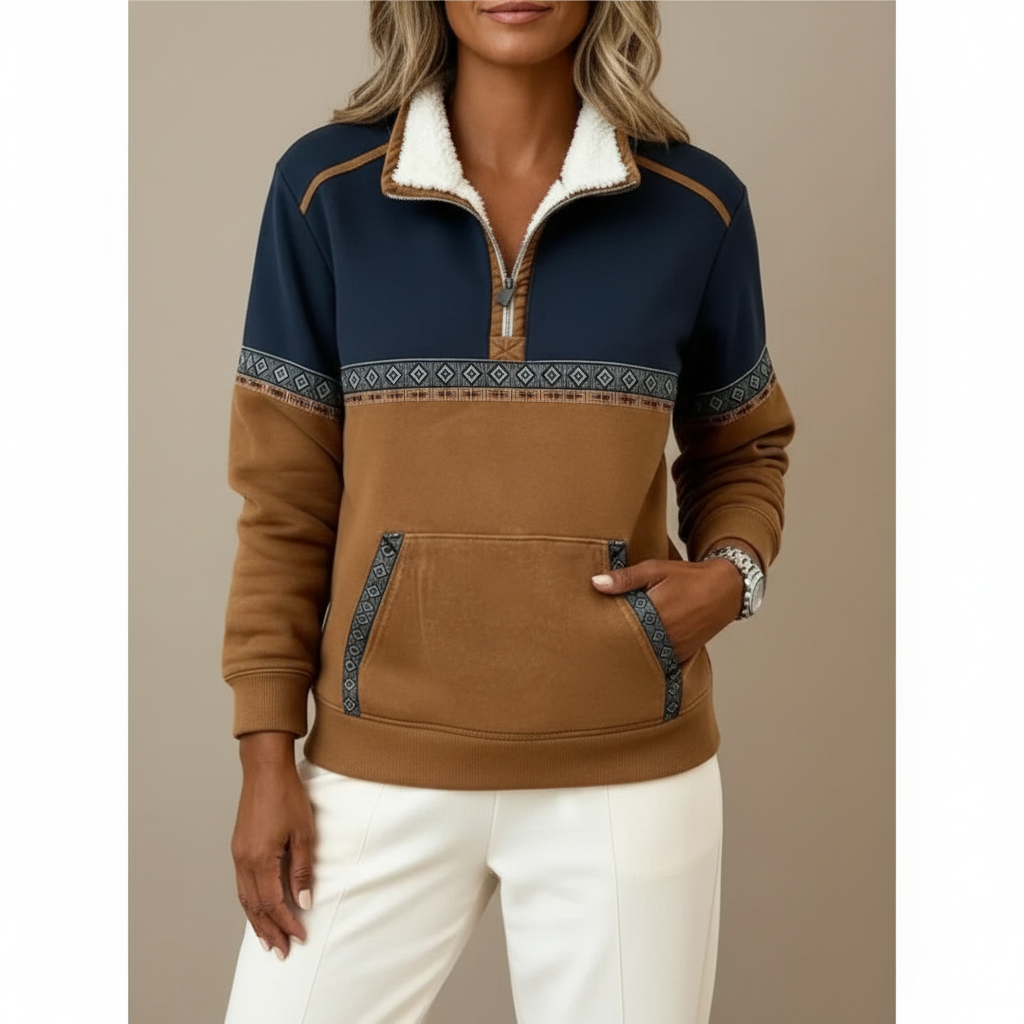 Sherpa Collar Quarter Zip Sweatshirt - Women's Pullover Brown front view