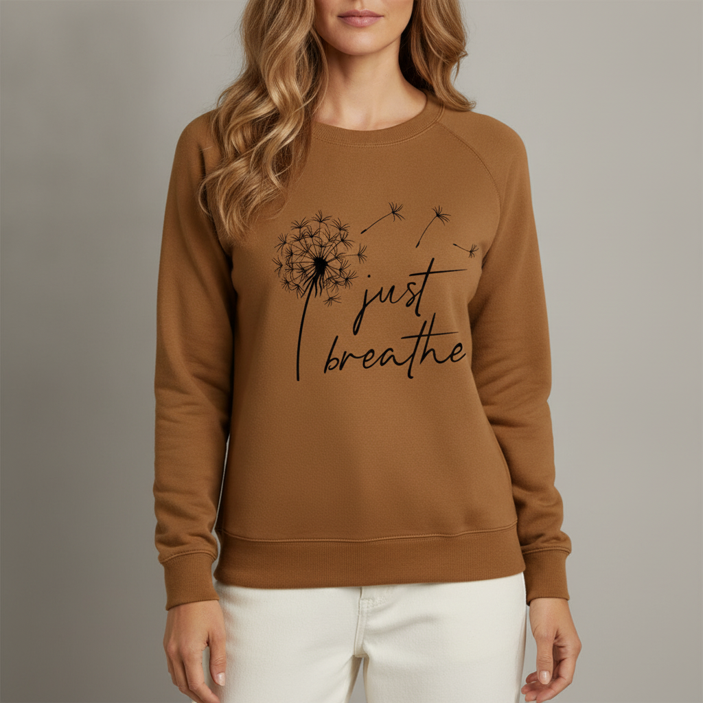 Just Breathe Graphic Sweatshirt - Women's Crew Neck Brown front view