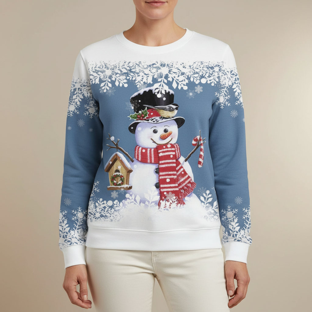 Christmas Snowman Sweatshirt - Crew Neck Women's Blue front view