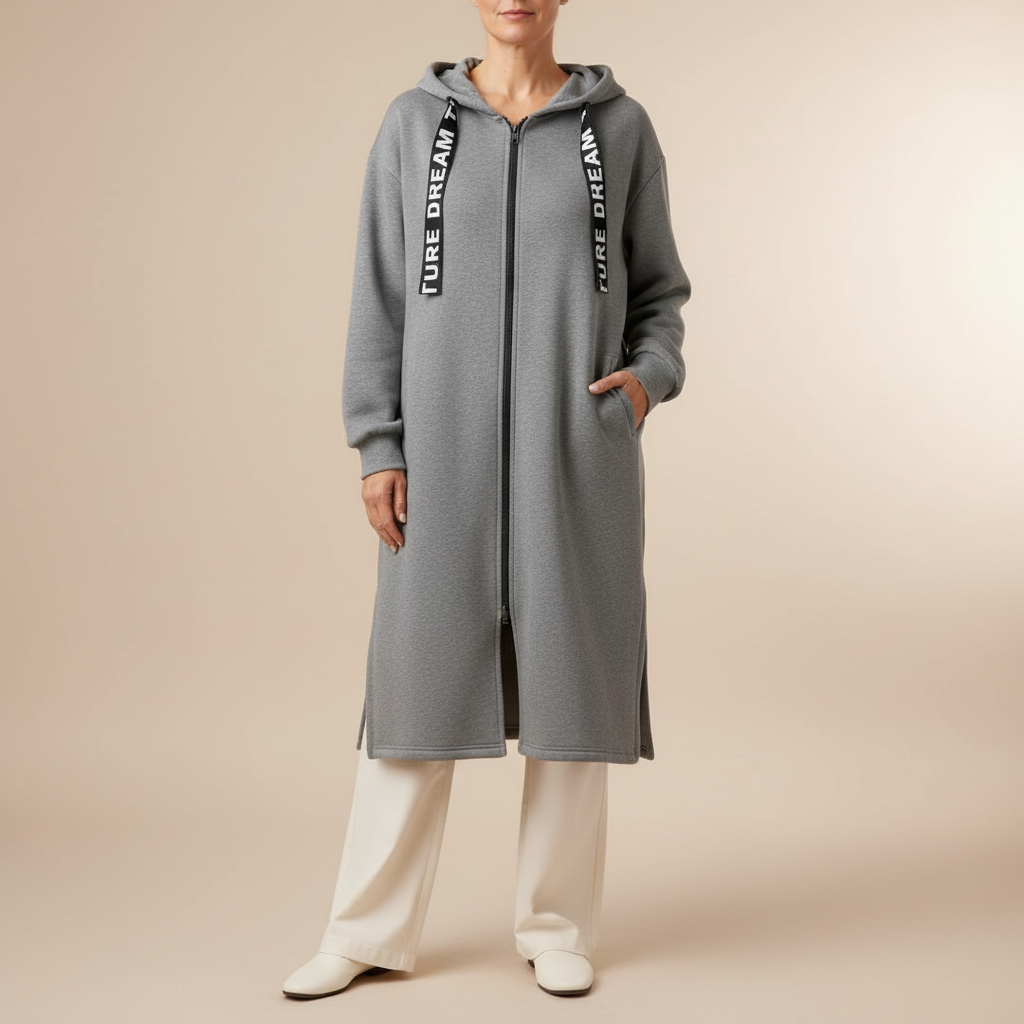 Oversized Longline Zip Hoodie - Women's Sweatshirt Gray front view