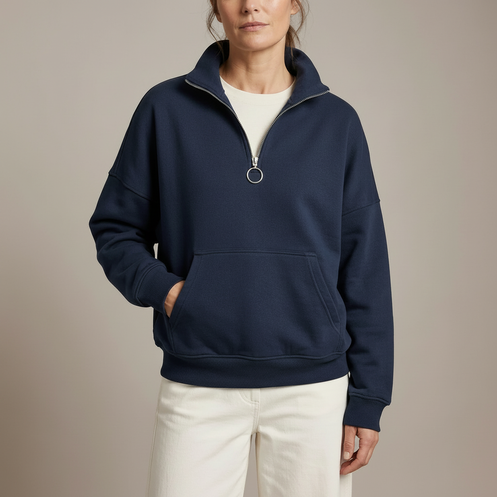 Oversized Half Zip Sweatshirt - Funnel Collar Women's Navy front view