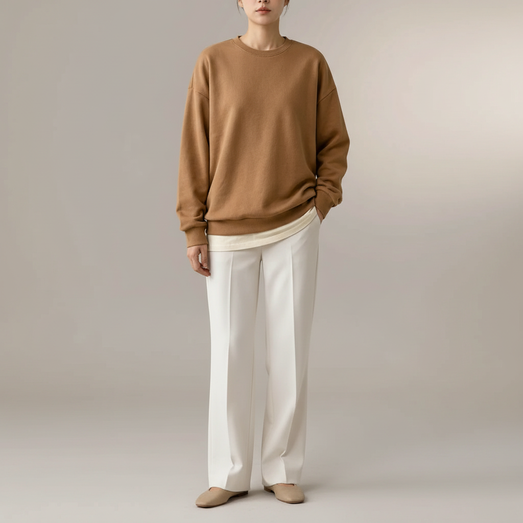 Oversized Longline Sweatshirt - Crew Neck Women's Brown front view