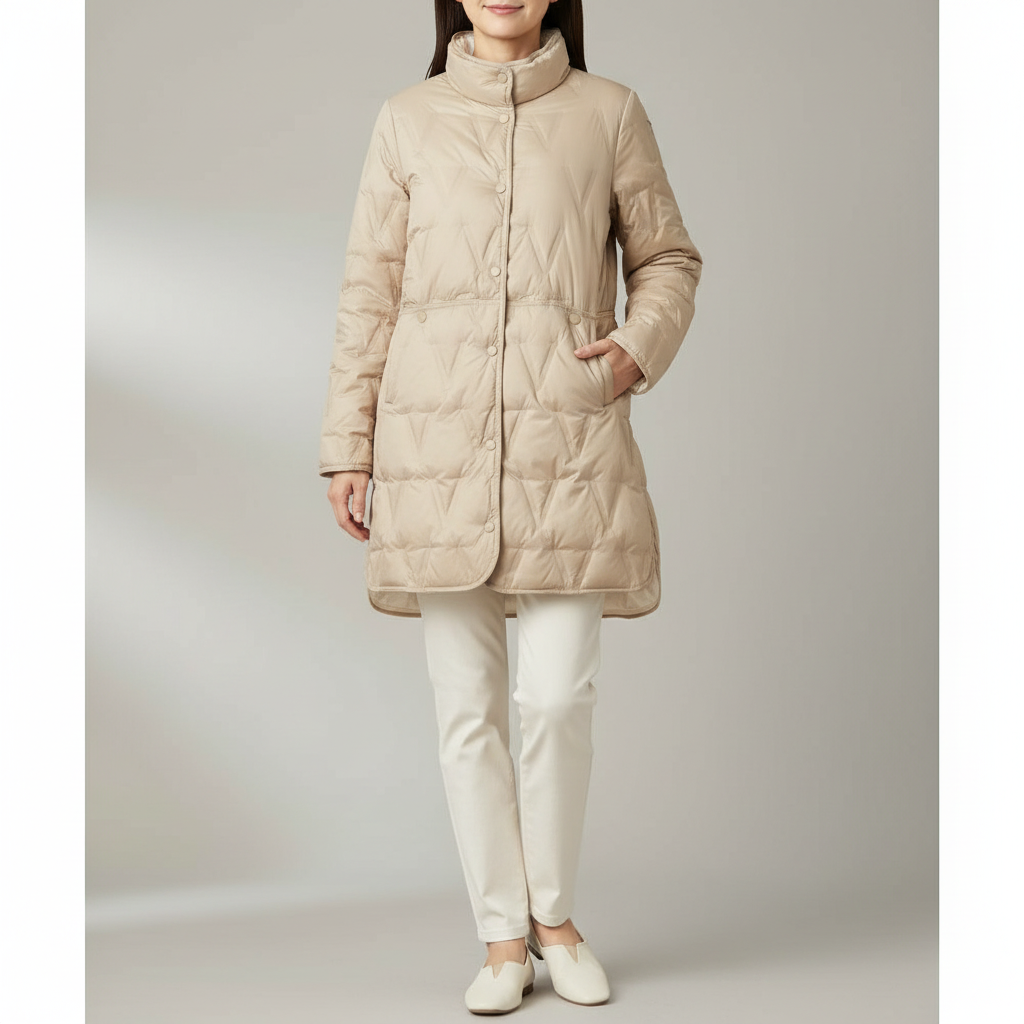 Longline Down Puffer Jacket - Quilted Women's Coat Beige front view