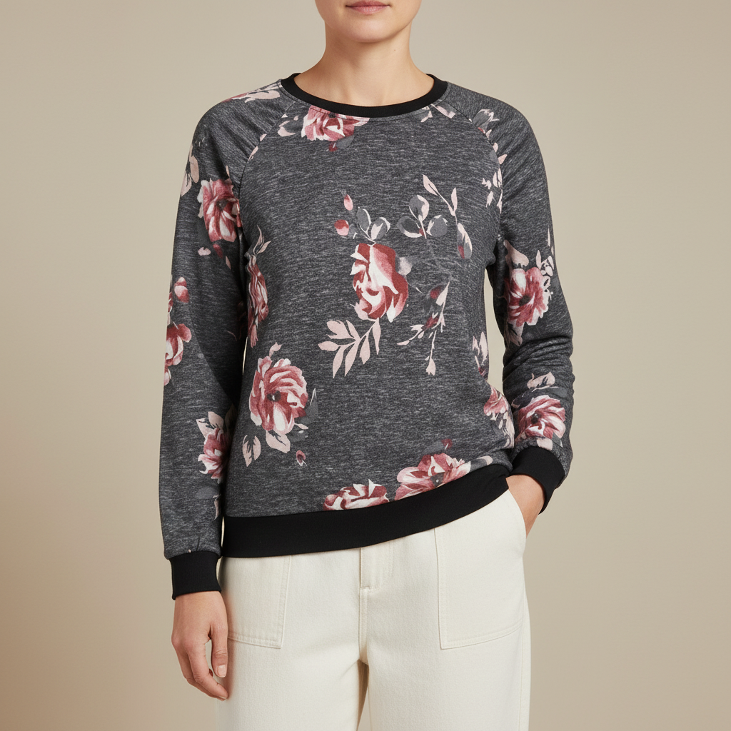 Rose Print Sweatshirt - Crew Neck Women's Pullover Dark Gray front view