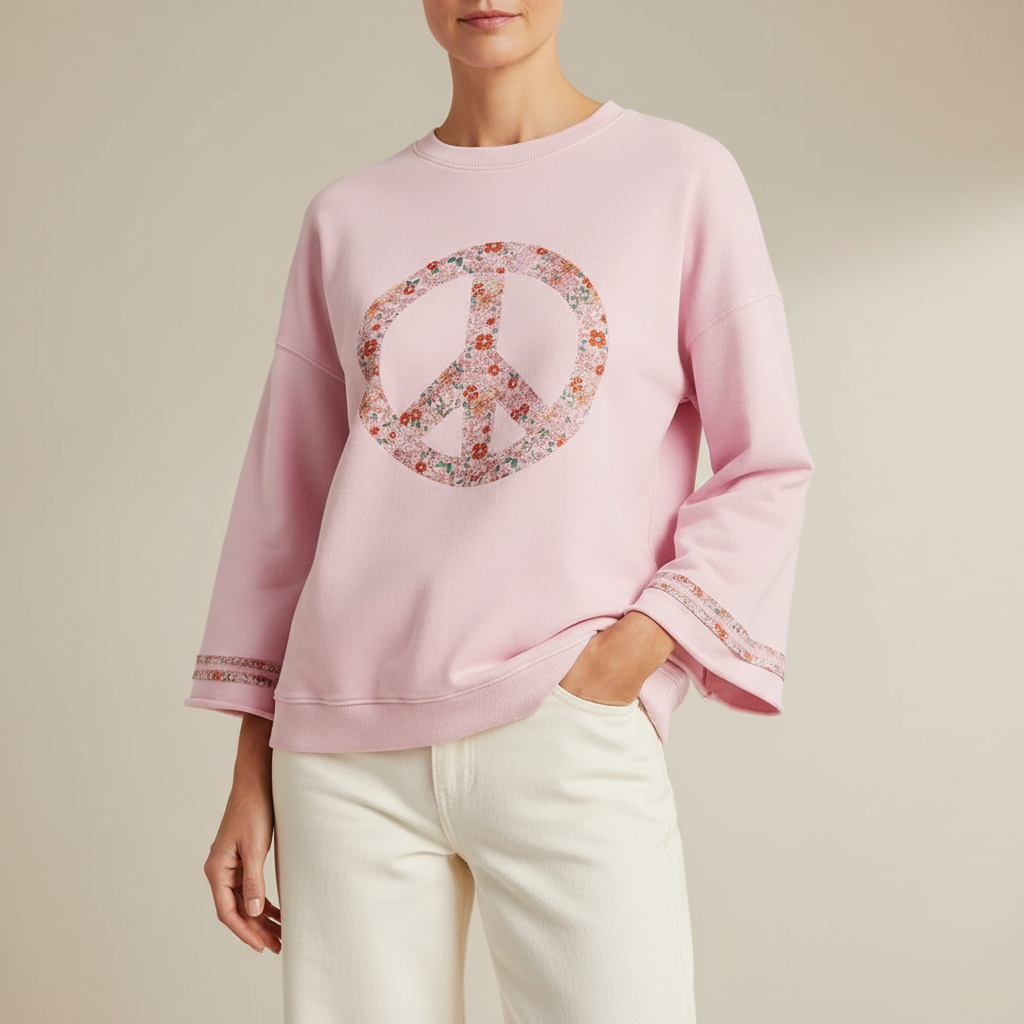 Floral Peace Sweatshirt - Bell Sleeve Women's Pullover Light Pink front view