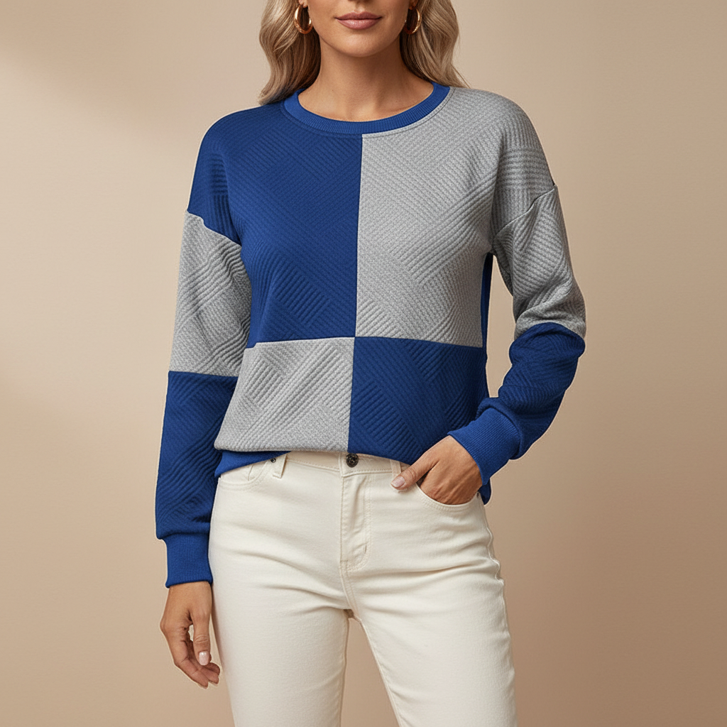 Geometric Patchwork Sweatshirt - Crew Neck Women's Dark Blue front view