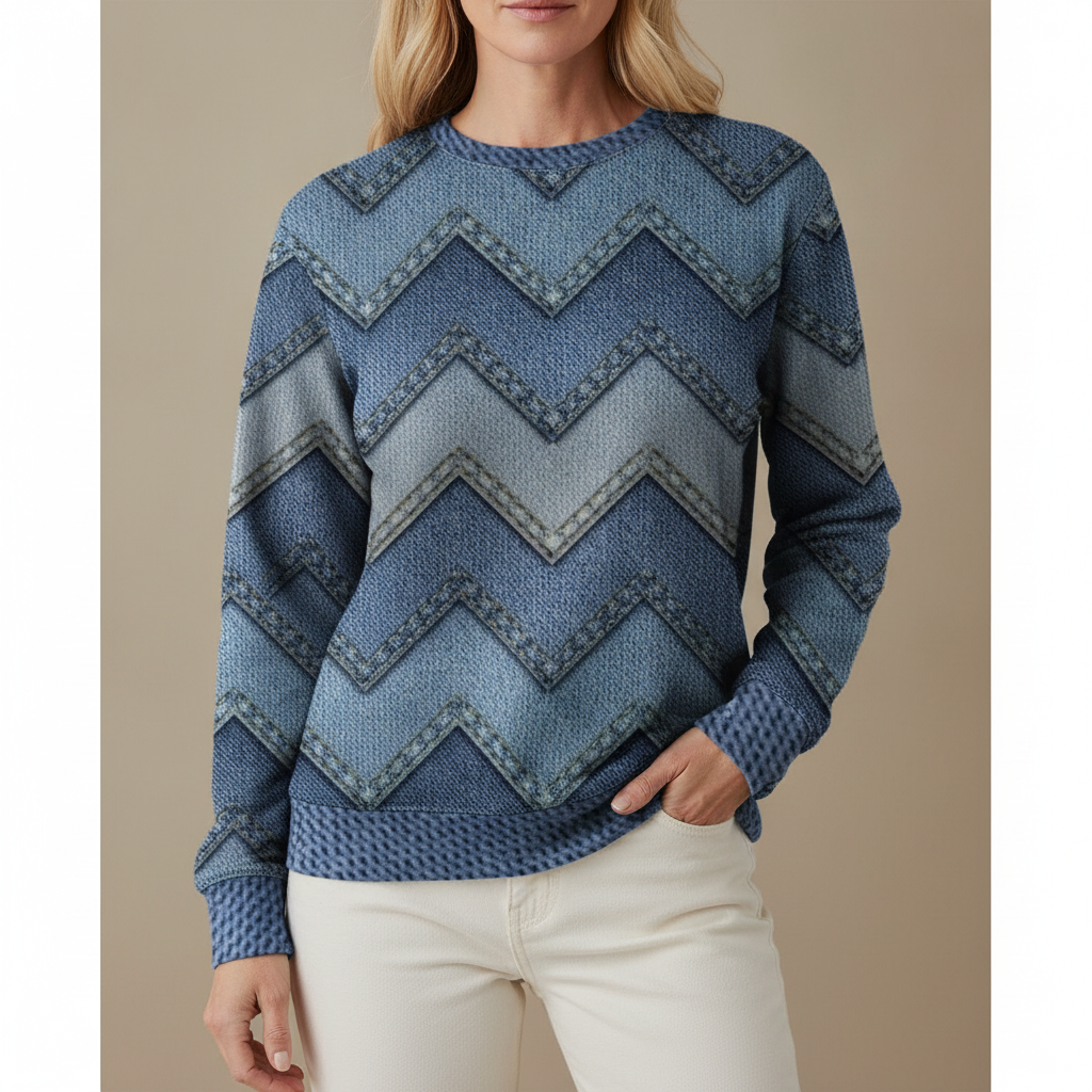 Printed Crew Neck Sweatshirt - Long Sleeve Women's Blue front view