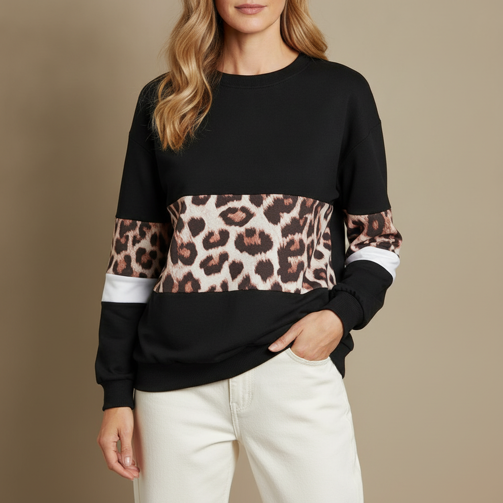 Leopard Panel Sweatshirt - Crew Neck Women's Pullover Black front view