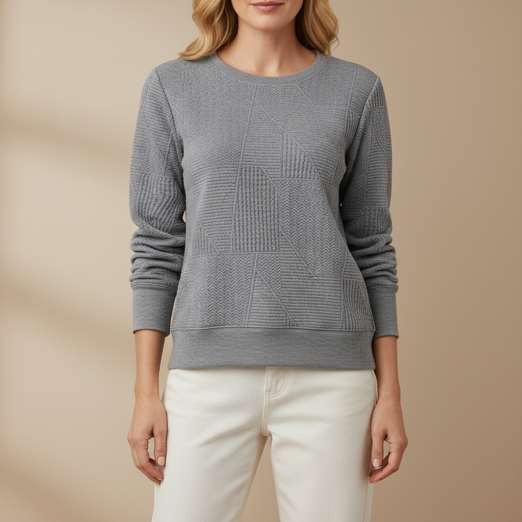 Patchwork Texture Sweatshirt - Crew Neck Women's Gray front view