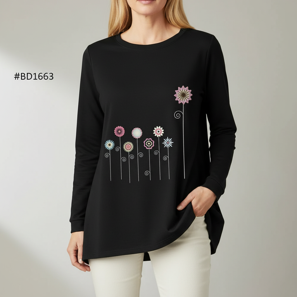 Floral Embroidered Sweatshirt - Crew Neck Women's Black front view