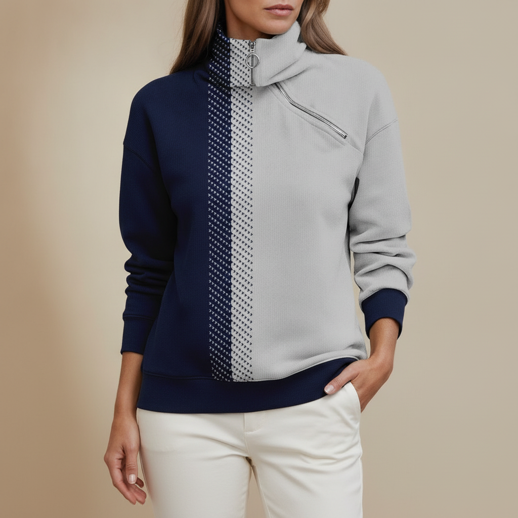 Colorblock Zip Neck Sweatshirt - Ribbed Women's Pullover Gray front view