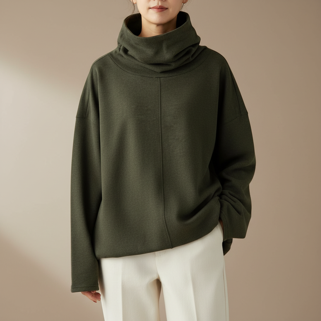 Oversized Funnel Neck Sweatshirt - Wide Sleeve Women's Olive Green front view