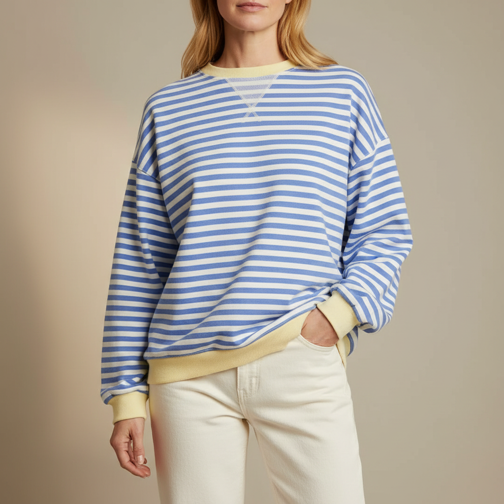 Striped Balloon Sleeve Sweatshirt - Oversized Women's Light Blue front view