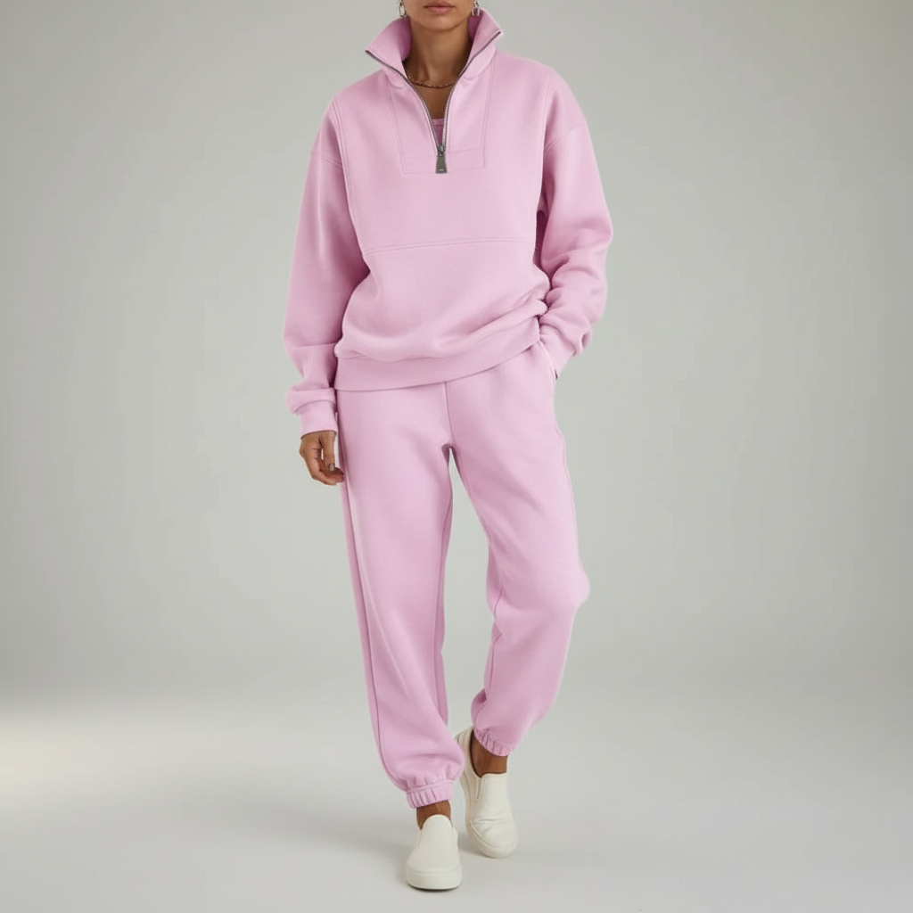 Half Zip Sweatshirt and Joggers Set - Oversized Women's Light Pink front view