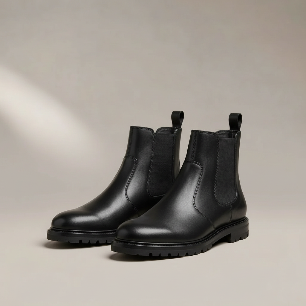 Leather Chelsea Boots - Pointed Toe Slip On Men's Boots Black front view