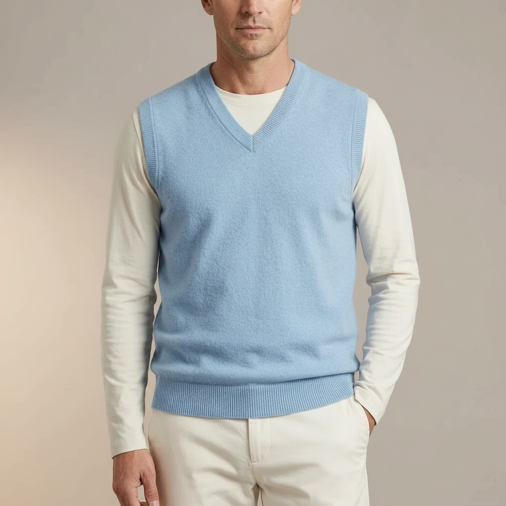 Merino Sweater Vest - V Neck Men's Knit Vest Blue front view
