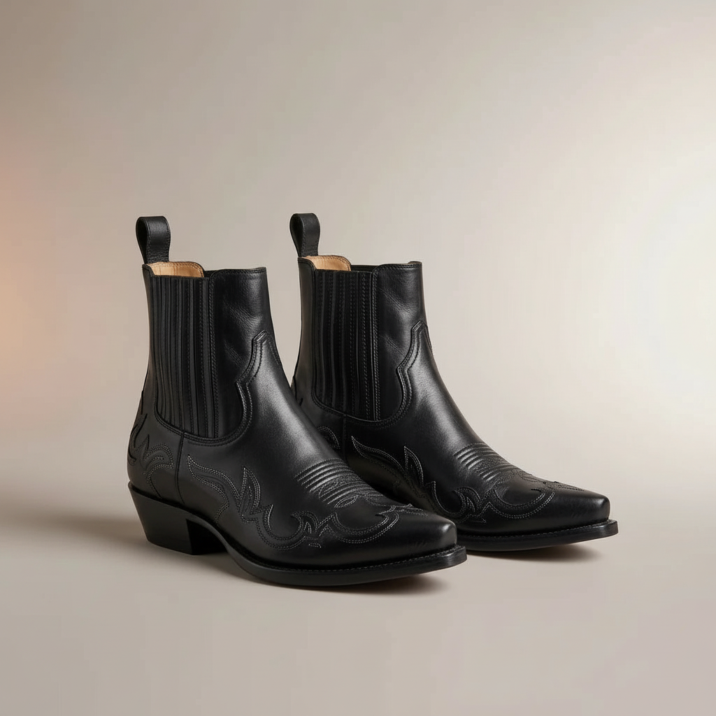 Western Leather Ankle Boots - Pointed Toe Men's Boots Black front view