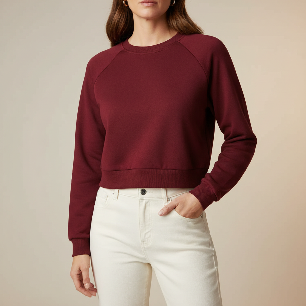 Cropped Raglan Sweatshirt - Crew Neck Women's Pullover Wine Red front view