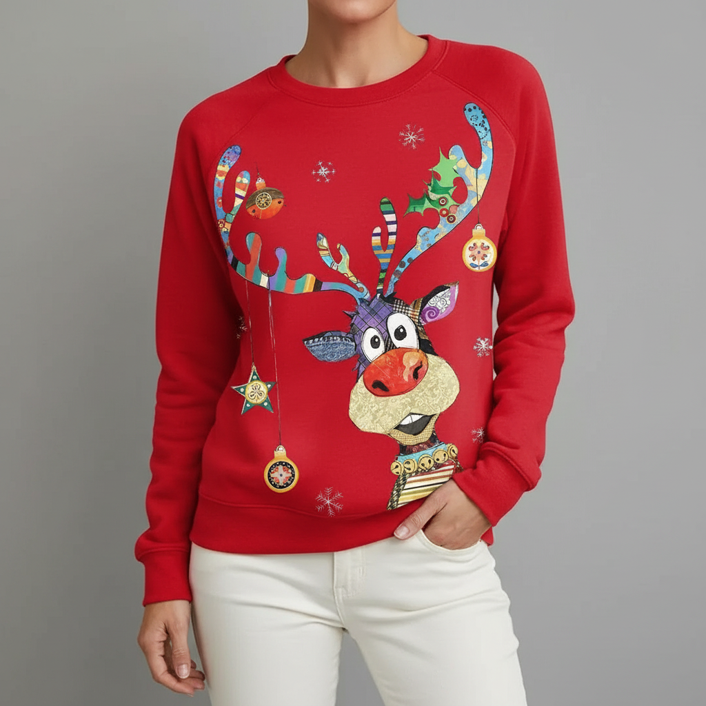 Holiday Print Sweatshirt - Crew Neck Women's Pullover Red A front view