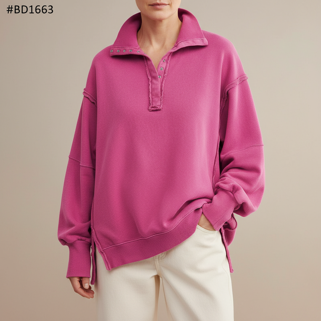 Oversized Henley Sweatshirt - Balloon Sleeve Women's Hot Pink front view
