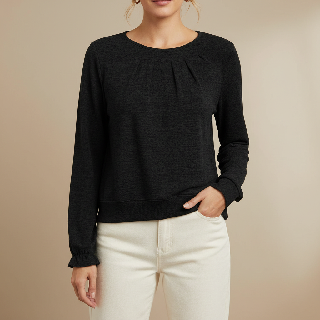 Ruched Sleeve Sweatshirt - Crew Neck Women's Pullover Black front view