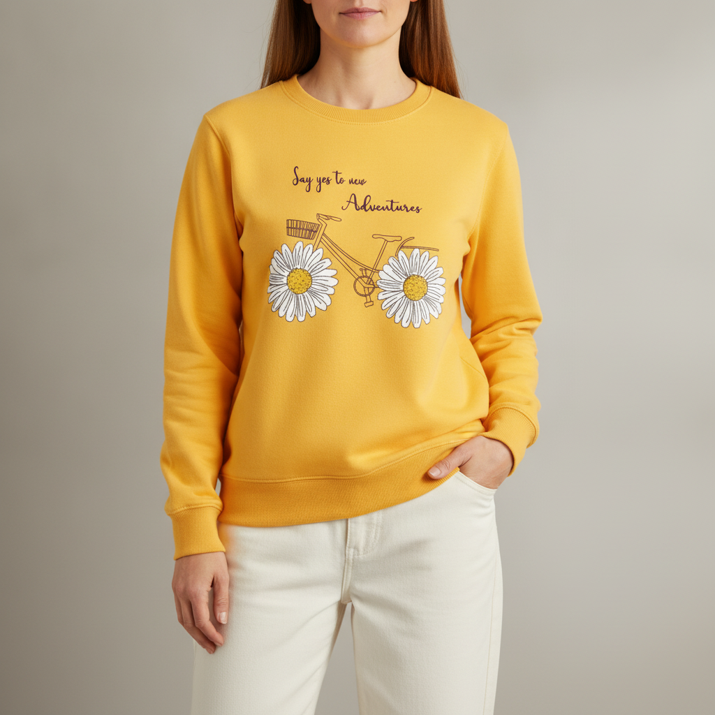 Daisy Bicycle Graphic Sweatshirt - Women's Crew Neck Yellow front view