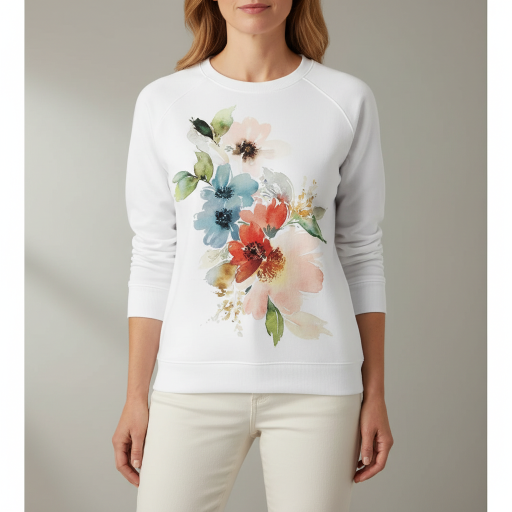 Floral Print Sweatshirt - Crew Neck Women's Pullover White A front view