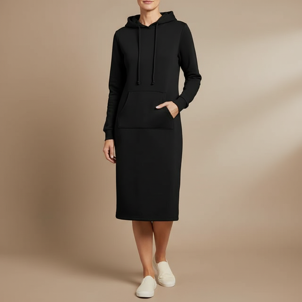 Hooded Sweatshirt Dress - Midi Kangaroo Pocket Women's Black front view