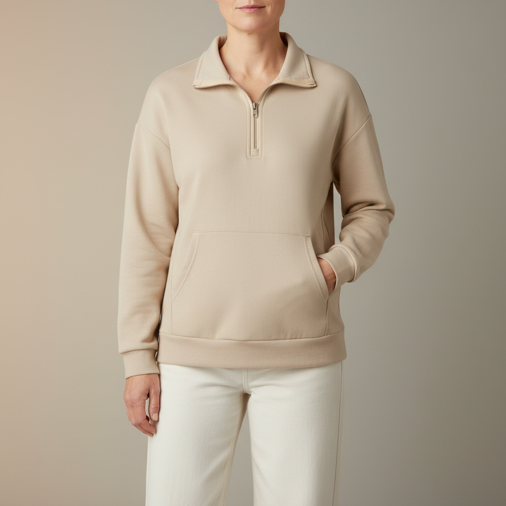 Half Zip Kangaroo Pocket Sweatshirt - Women's Pullover Beige front view