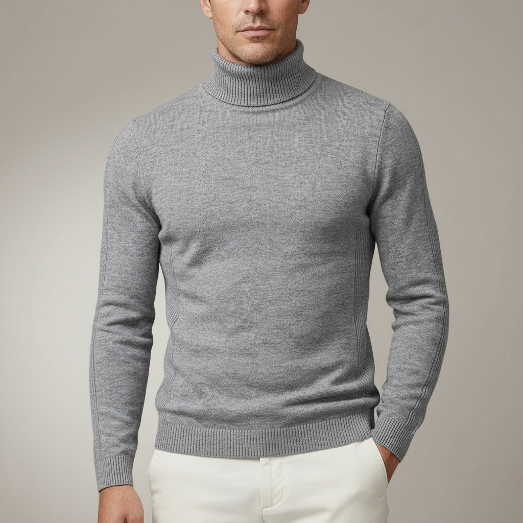 Slim Fit Ribbed Turtleneck Sweater - Men's Knit Pullover Gray front view