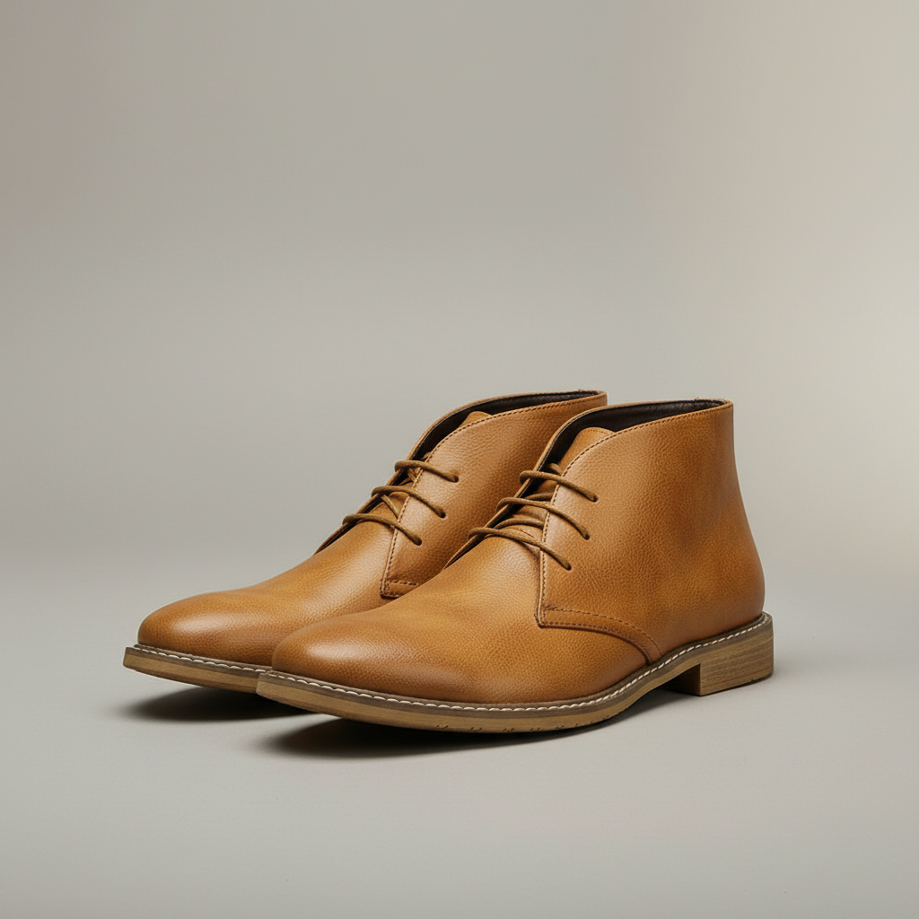 Leather Chukka Boots - Lace Up Almond Toe Men's Boots Camel front view
