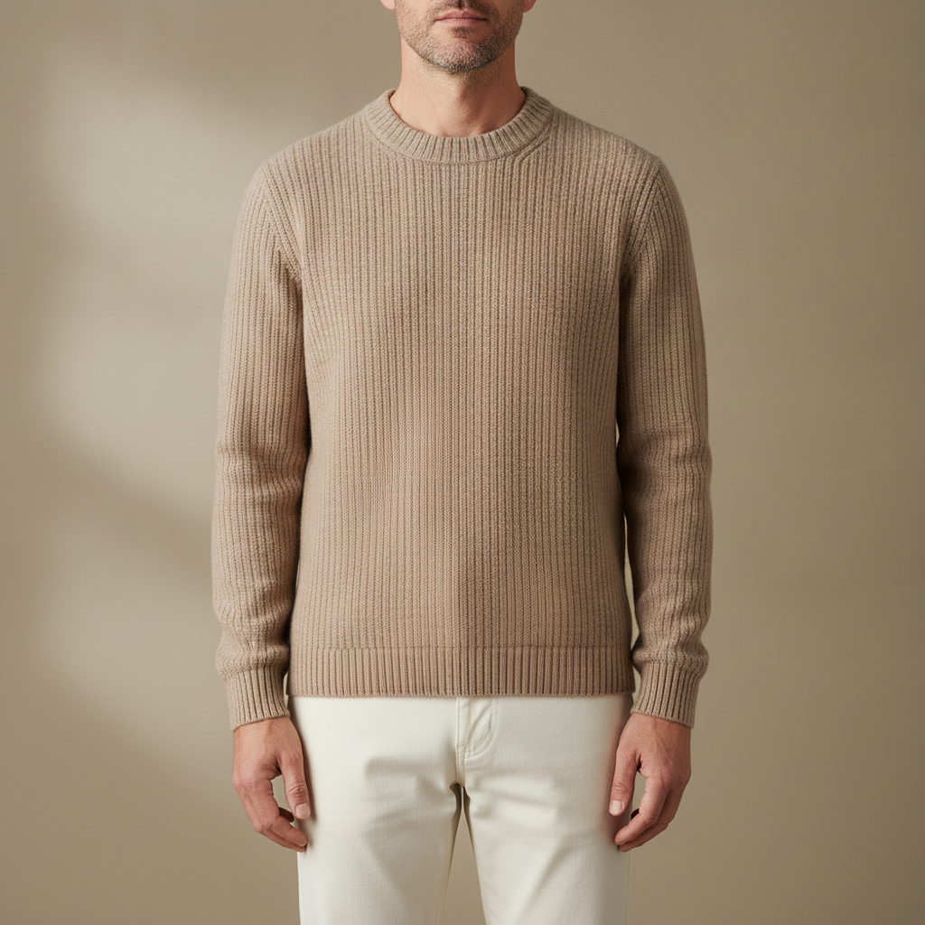Cashmere Crew Neck Sweater - Long Sleeve Men's Pullover Beige front view