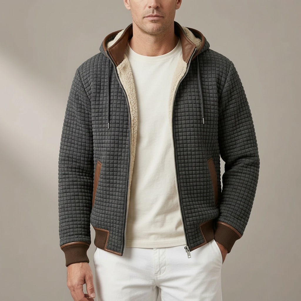 Sherpa Lined Quilted Hoodie - Zip Up Men's Winter Jacket Gray front view