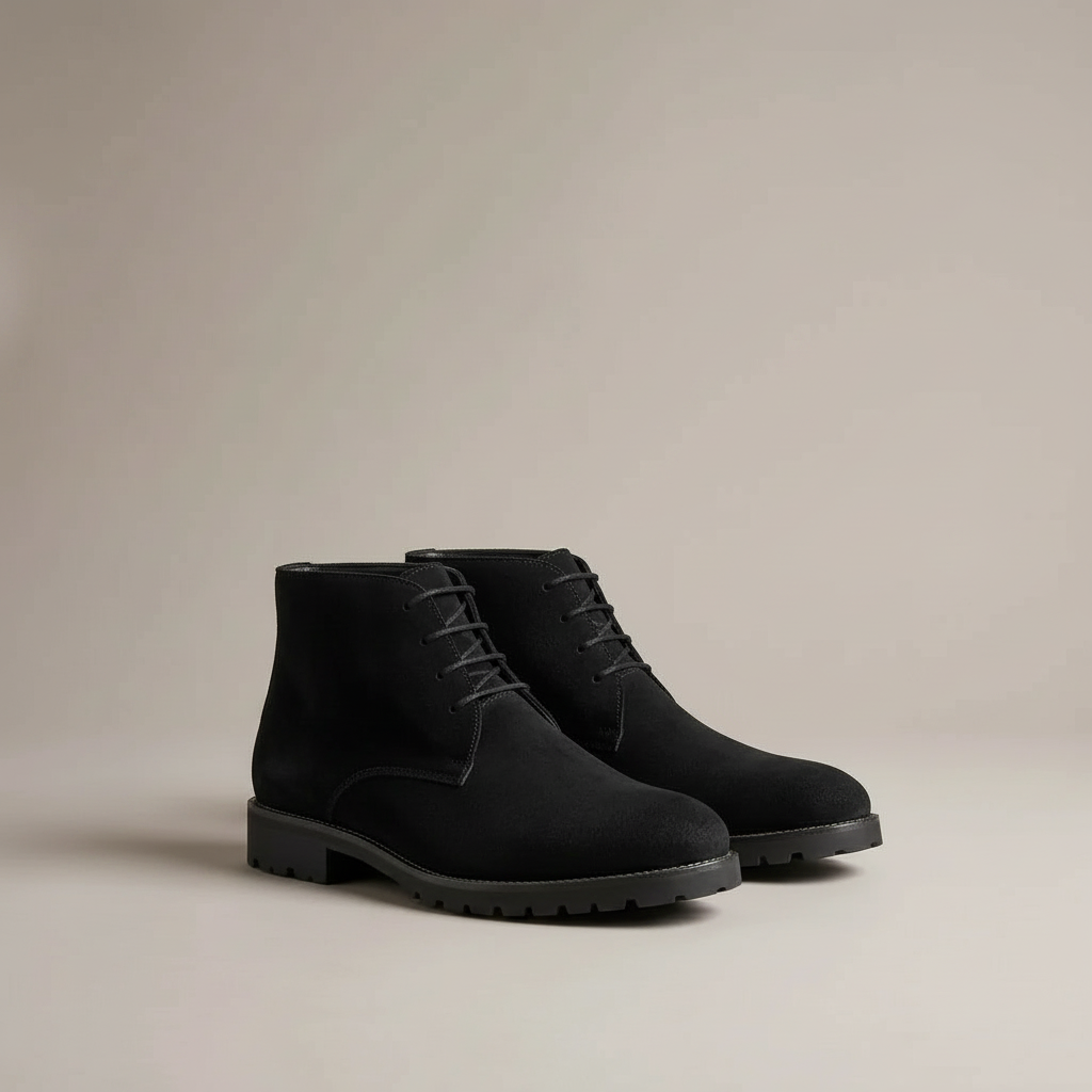 Suede Lace Up Boots - Almond Toe Men's Ankle Boots Black front view