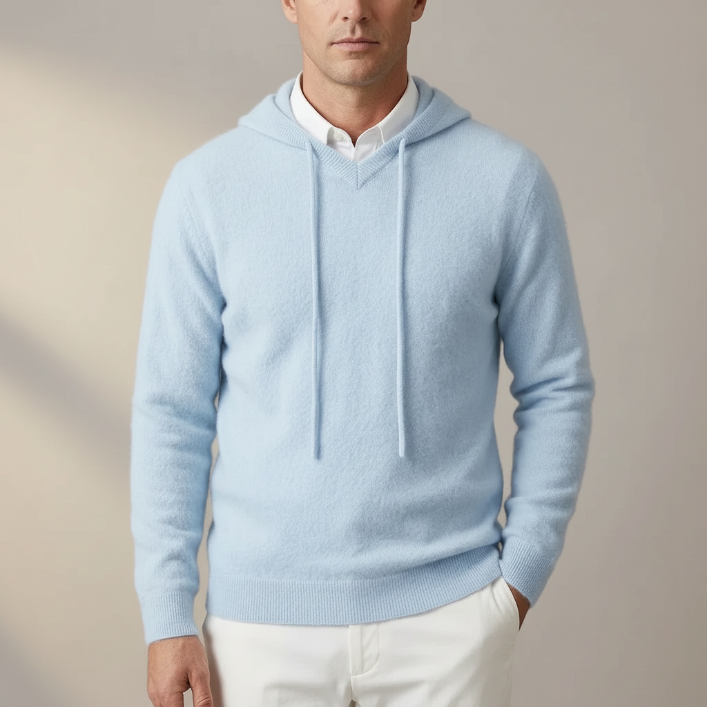 Hooded Cashmere Sweater - V Neck Men's Knit Pullover Blue front view