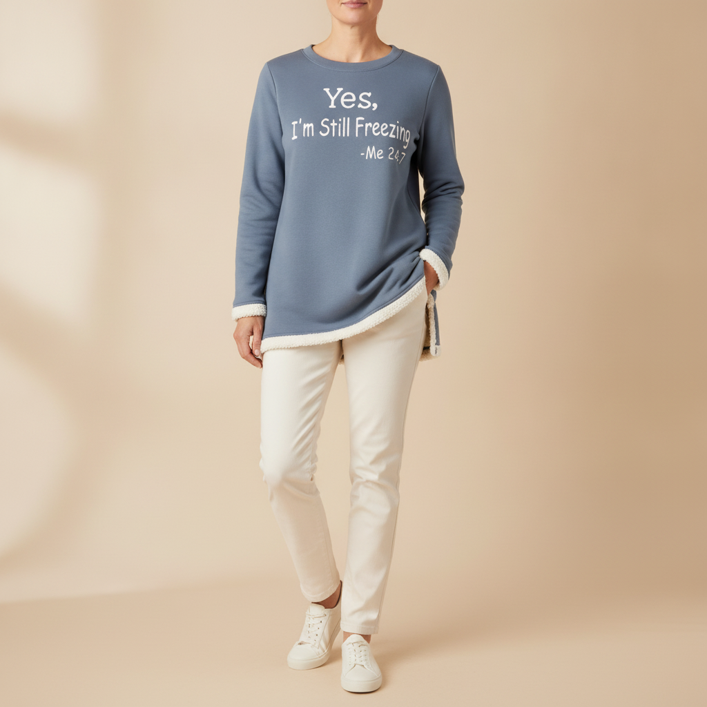 Fleece Lined Longline Sweatshirt - Slogan Women's Blue front view