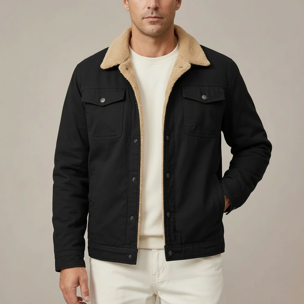 Sherpa Lined Utility Jacket - Button Front Men's Jacket Black front view
