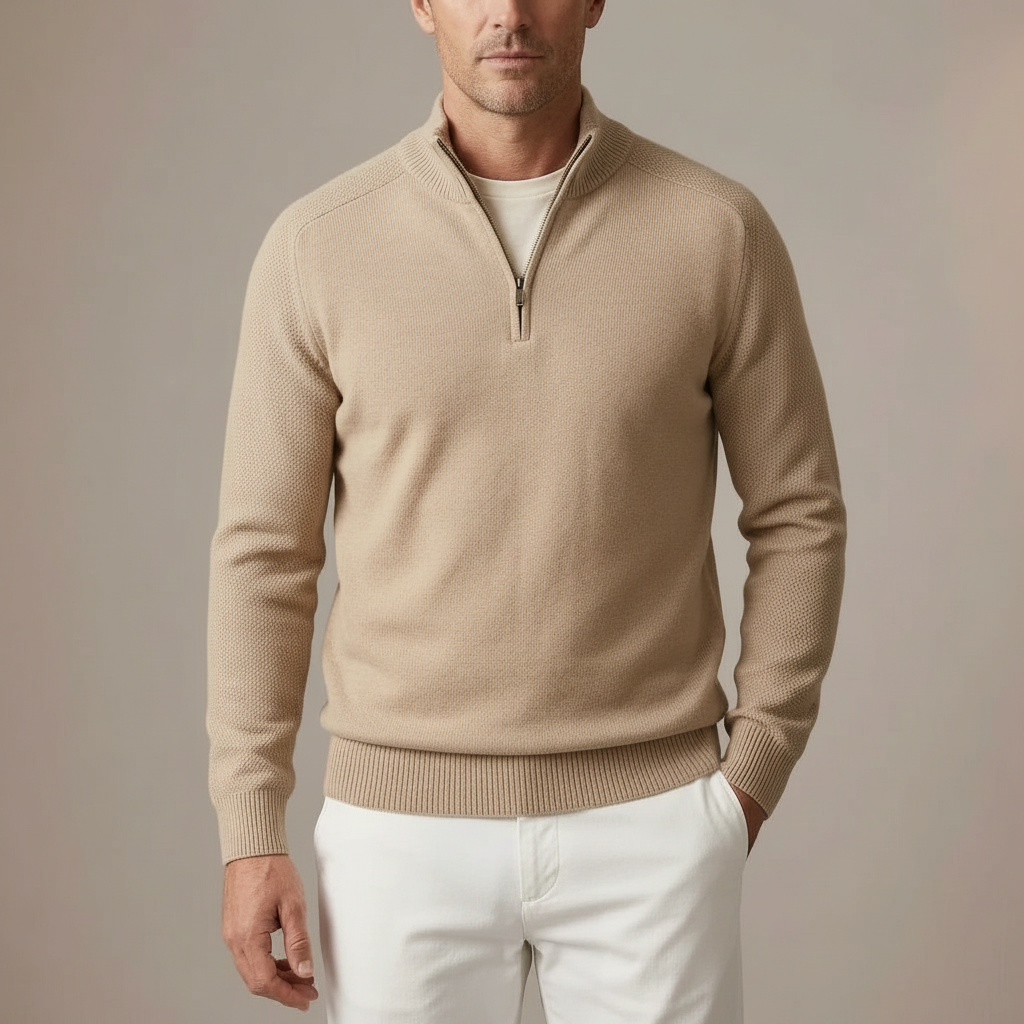 Quarter Zip Mock Neck Sweater - Knit Men's Pullover Brown front view